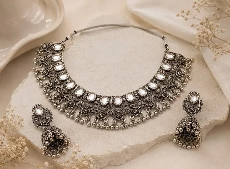 Silver Oxidised Temple Necklace